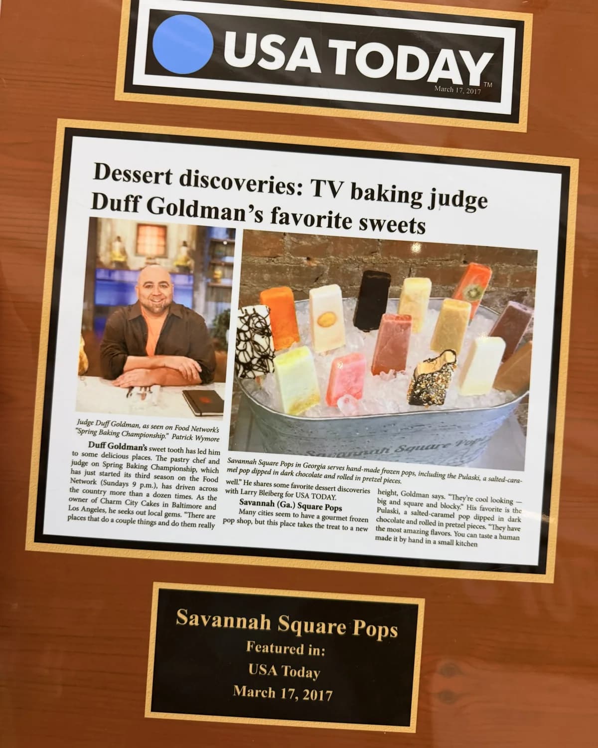 USA Today feature plaque recognizing Savannah Square Pops